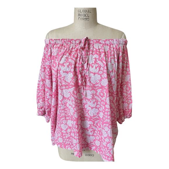SZ Blockprints Pink Nila Block Print Floral Gathered Top Puff Sleeve M - Picture 1 of 6